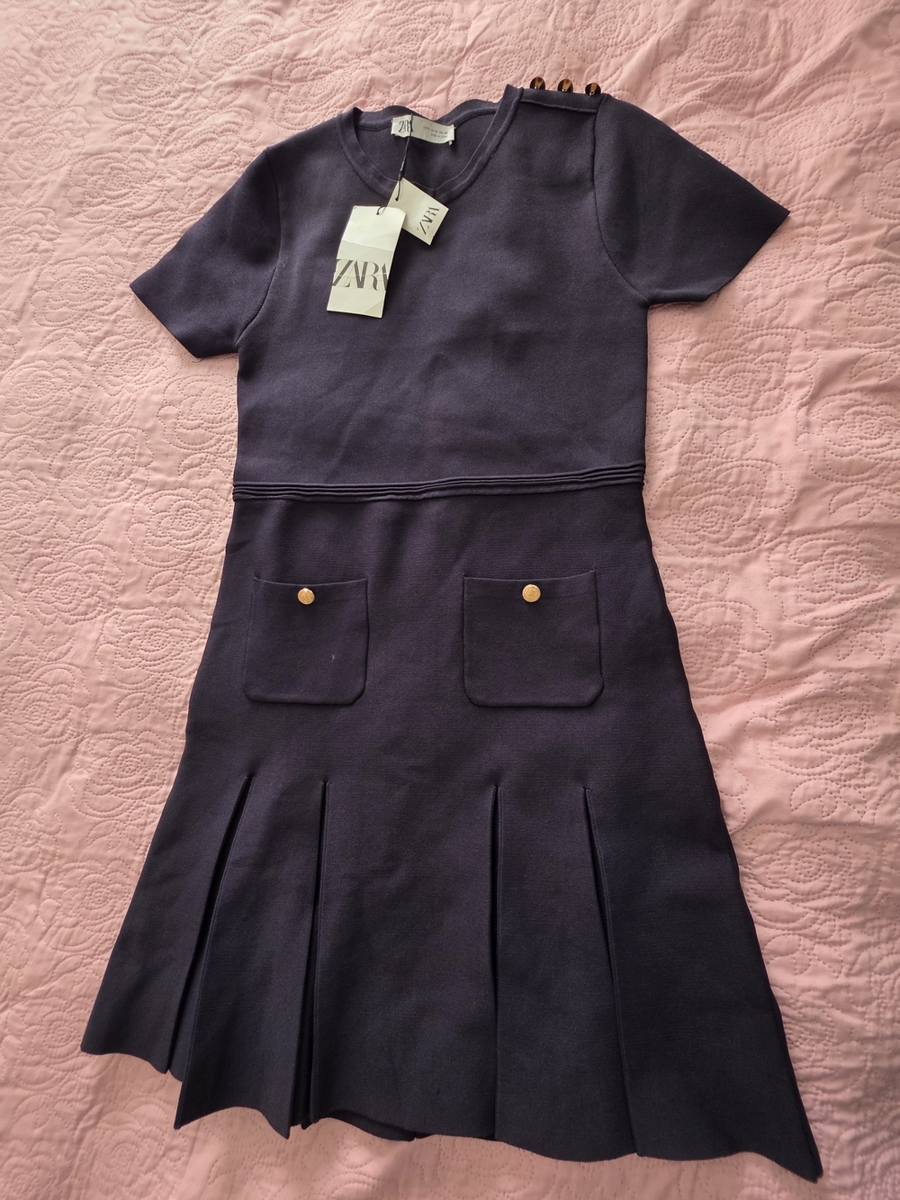 Zara Girls Navy Short-Sleeve Pocket Dress with Gold Buttons - Picture 1 of 3